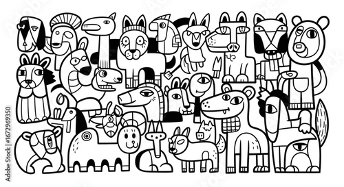 Densely Packed Group of Hand-Drawn Doodle Animals and Fantasy Creatures on Isolated White Background, diverse and whimsical characters.
