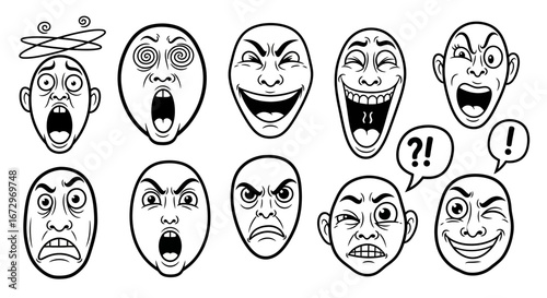 Cartoon Black and White Facial Expressions Set on Isolated White Background, showing various human emotions like joy, anger, and surprise.