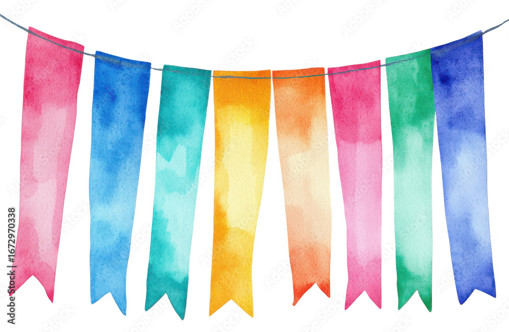 Naklejka premium Watercolor rainbow flags hanging on string, festive and colorful decoration