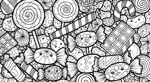 Hand drawn doodle pattern of various candies and sweets, including lollipops, chocolates, and wrapped treats, on an isolated white background.