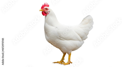 Beautiful white leghorn chicken standing against a black studio background view