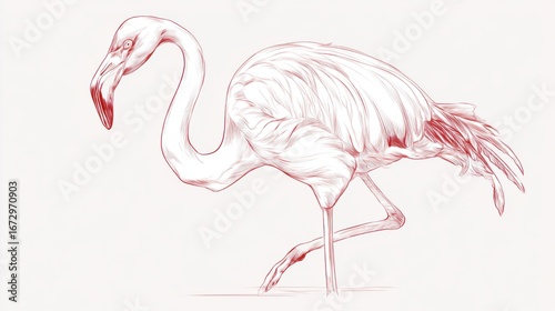 Elegant Flamingo Sketch in Soft Red Outline on Light Background