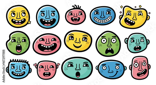 Set of colorful diverse cartoon faces with funny expressions, isolated white background.