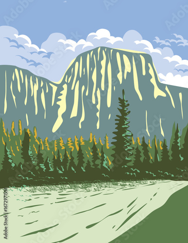 WPA poster art of El Capitan in the western end of Yosemite Valley within Yosemite National Park, California, United States done in works project administration or federal art project style.
