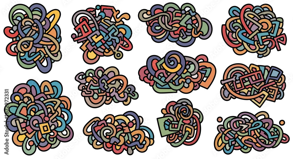 Fototapeta premium Collection of colorful abstract doodle shapes resembling intricate knots and swirls on an isolated white background.