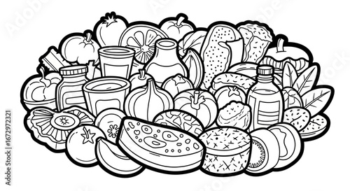 Hand drawn doodle of a bountiful pile of food items including fruits, vegetables, bread, and jars on an isolated white background.