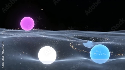 Gravitational Waves Simulated: Pink, Blue, and White Spheres Distorting Spacetime