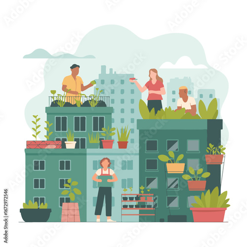 People gardening on rooftop terrace of urban building