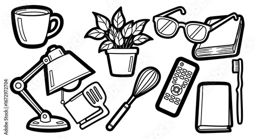 Hand drawn doodle of everyday objects including a coffee cup, plant, desk lamp, glasses, and book on an isolated white background.