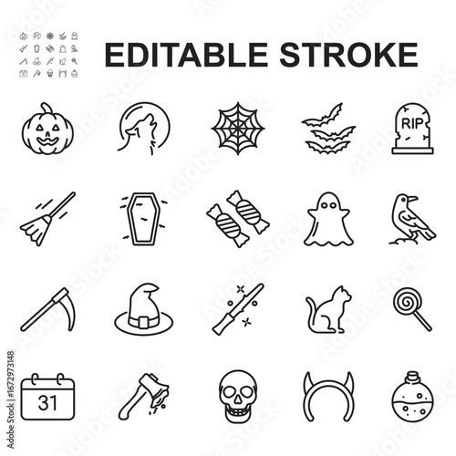 Halloween icon set. Thin line vectors. Contains icons such as magic wands, broomsticks and more.