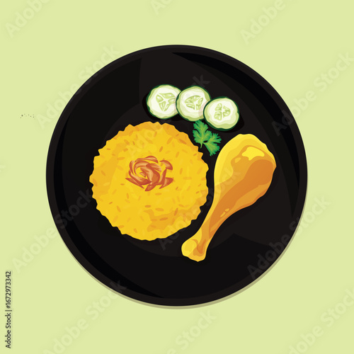 Top view Thai Chicken Biryani with yellow spiced rice, fried shallot, cucumber slices, cilantro, and chicken drumstick on black plate. Authentic Asian cuisine vector illustration.