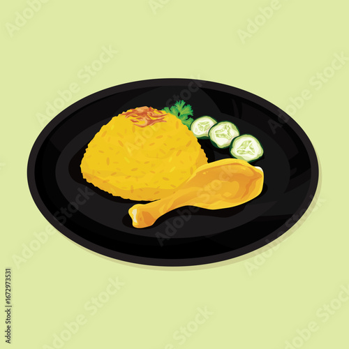 Traditional Thai-style Chicken Biryani with yellow spiced rice, fried shallots, cucumber slices, and chicken drumstick served on black plate. Authentic Asian cuisine vector illustration.