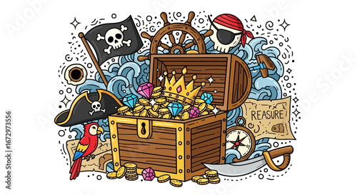 Pirate Treasure Chest Overflowing with Gold and Jewels Doodle Illustration, Isolated White Background