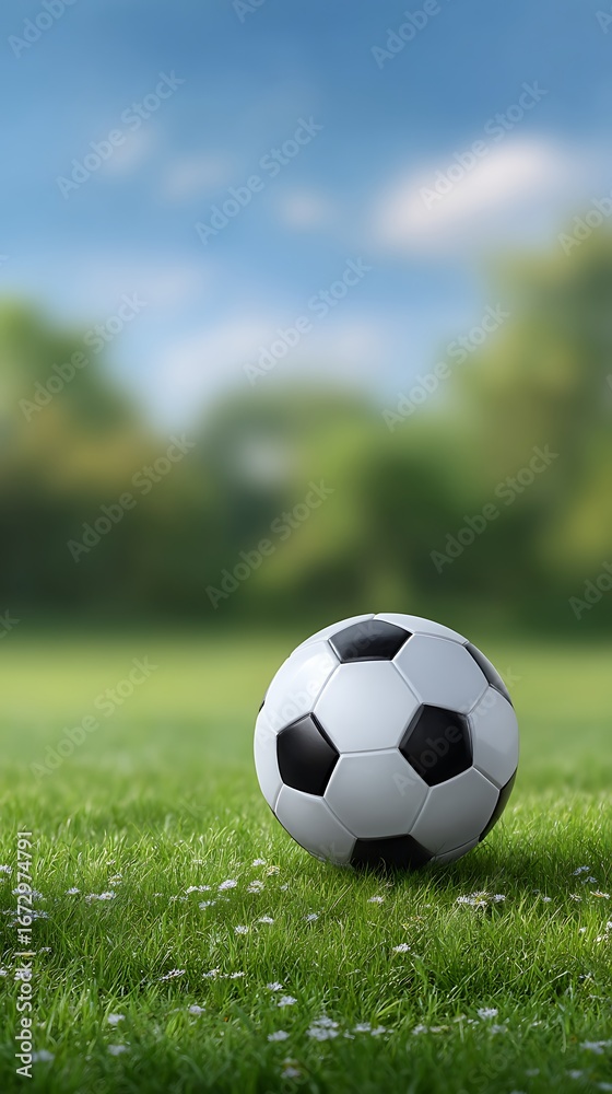 Fototapeta premium Soccer Ball on Lush Green Grass with Daisy Flowers and Blurred Background Nature
