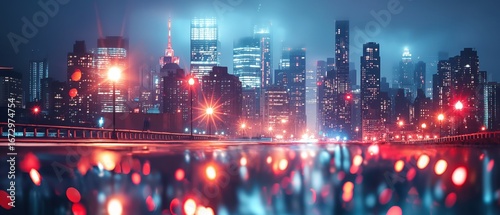 Glowing cityscape reflections: urban lights and nighttime hues on a wet surface
