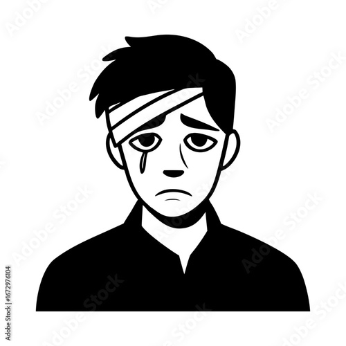 Injured crying sad man bandage pain sorrowful person silhouette vector illustration