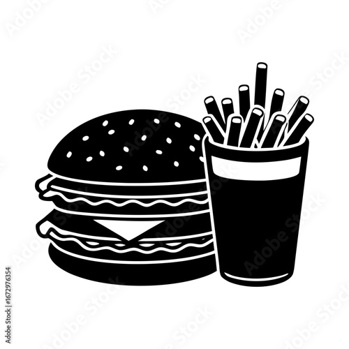 Burger fries fastfood lunch meal snack silhouette vector illustration