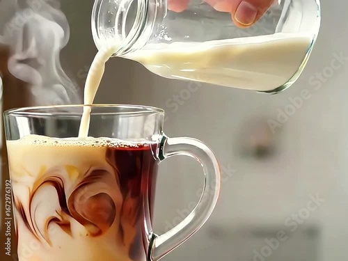 Pouring fresh milk into hot tea creating creamy swirl, close up beverage preparation background