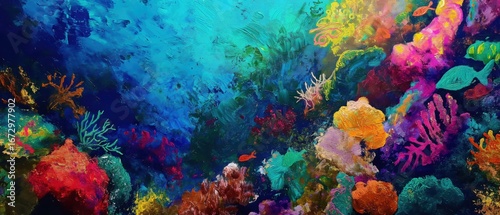 Vivid underwater world: abstract painting of coral reef and fish