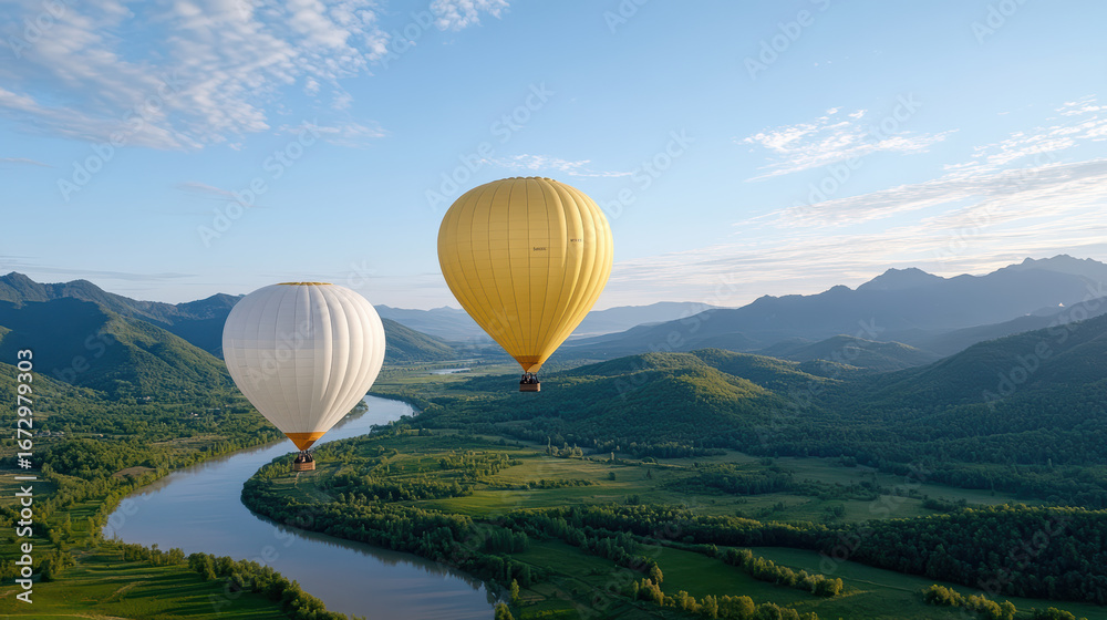 Obraz premium Hot air balloons float gracefully over lush valley, surrounded by mountains and winding river