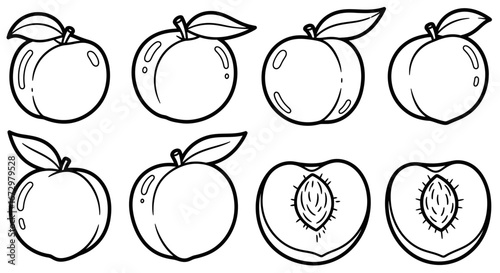 Delicious Peaches Whole and Halved Showing Pit, Line Art on an Isolated White Background