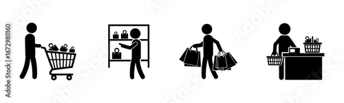 Stickman shopping icons in a supermarket. Minimal black silhouette figures pushing carts, selecting items on shelves, carrying shopping bags, and checking out at the cashier counter in flat vector sty