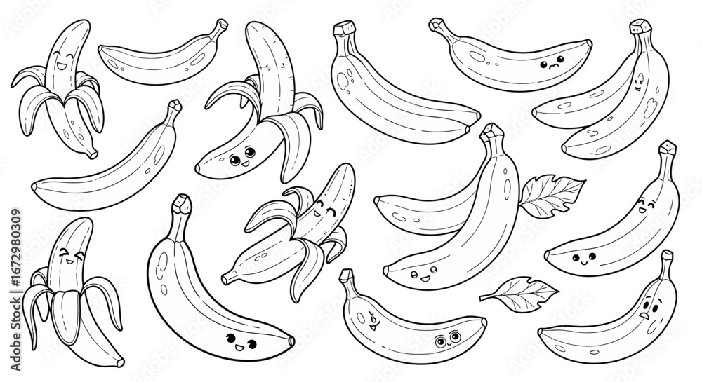 Obraz premium Collection of cute cartoon bananas, some whole and some partially peeled with happy faces, arranged playfully, on an isolated white background.
