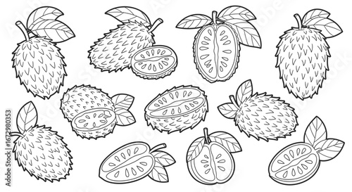 Soursop fruit collection in various forms, whole and sliced, with seeds visible, on an isolated white background.