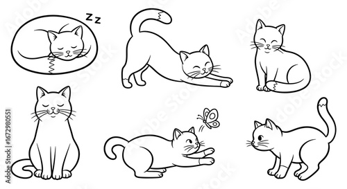Adorable Cartoon Cats Sleeping, Stretching, and Playing with a Butterfly, Isolated White Background for Coloring Book