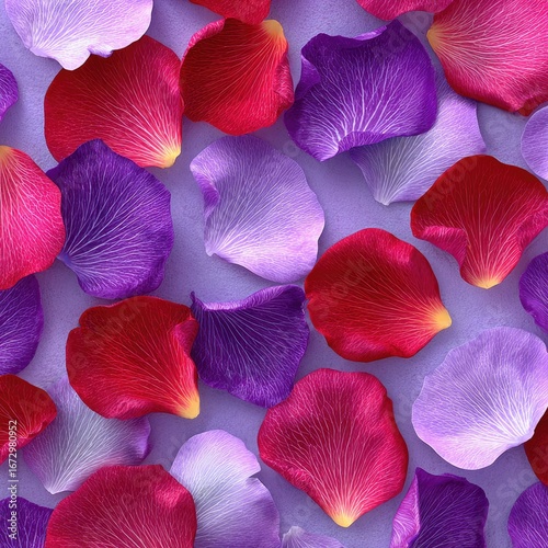 Colorful rose petals scattered on a lavender background