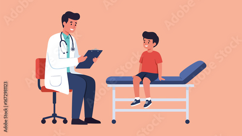 A friendly pediatrician consults a young boy patient during a medical checkup, offering professional care, health advice, and building trust in a welcoming clinic environment