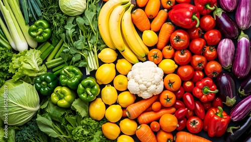 Vibrant Rainbow Array of Fresh Fruits and Vegetables Artfully Arranged by Color on a Dark Background