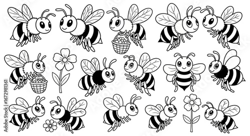 Happy Cartoon Bees Flying Around Flowers, Honey Collection, isolated white background