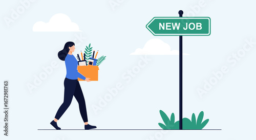 Woman confidently walks towards a new job opportunity with her belongings in hand