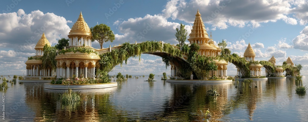 Obraz premium Golden Temple Bridge: Fantasy Island Architecture & Water Scenery