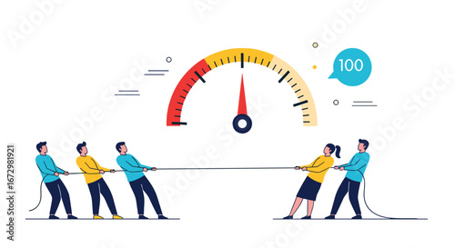 Teamwork tug of war competition drives results measured on a progress speedometer gauge
