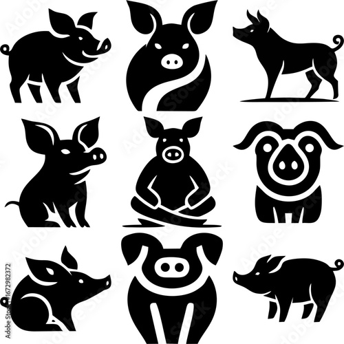 Simple pig silhouette icon set in creative poses. Minimal black and white design, clean vector shapes, perfect for logo, symbol, farm theme, food packaging, mascot, and infographic.