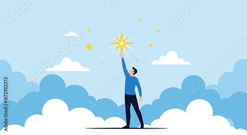 Ambitious person reaching for bright star in sky symbolizing success, dreams, and aspiration
