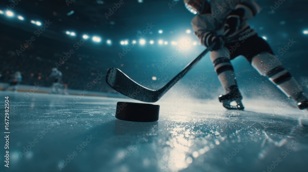 Naklejka premium Ice Hockey Player in Action Hitting Puck on Glimmering Rink