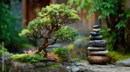 Tranquil Bonsai Tree with Stacked Stones in Serene Japanese Garden