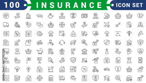 Insurance and assurance icon set. Containing healthcare medical, life, car, home, travel insurance icons. Solid icons vector collection.