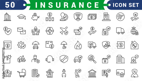 Insurance and assurance icon set. Containing healthcare medical, life, car, home, travel insurance icons. Solid icons vector collection.