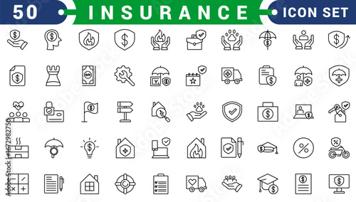 Insurance and assurance icon set. Containing healthcare medical, life, car, home, travel insurance icons. Solid icons vector collection.