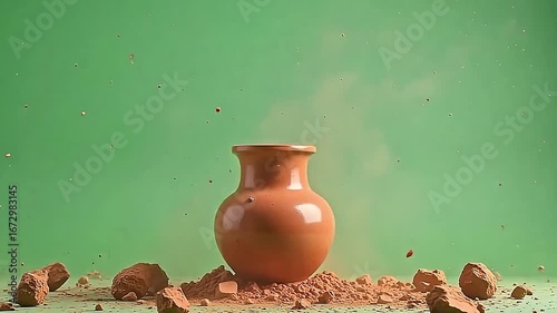In slow motion, the ceramic vase explodes clay fragment dust, each fragment detailed crisply on a consistent green background to enhance post-production effects.