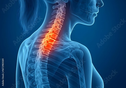 woman spinal cord misalignment or slipped disc - Medical X Ray 3D Illustration with blue background