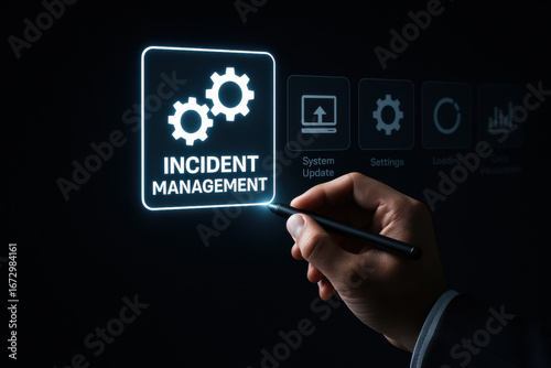 Incident management concept with hand pointing on digital interface and gear icons