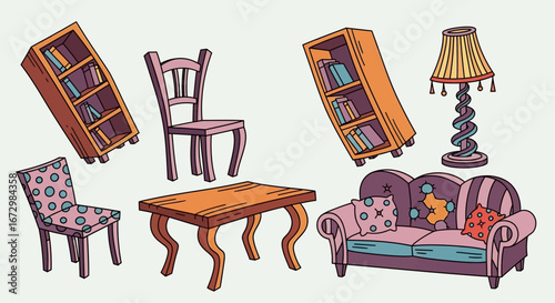 Collection of Hand-Drawn Living Room Furniture and Home Decor Doodles on Light Background