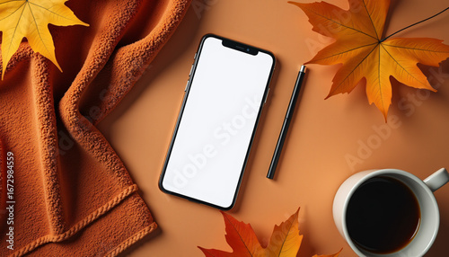 Cozy Autumn Smartphone Coffee and Leaves Flat Lay.