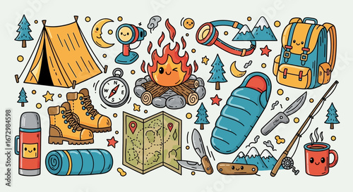 Set of Hand-Drawn Camping Adventure Equipment and Outdoor Gear Doodles on Light Background