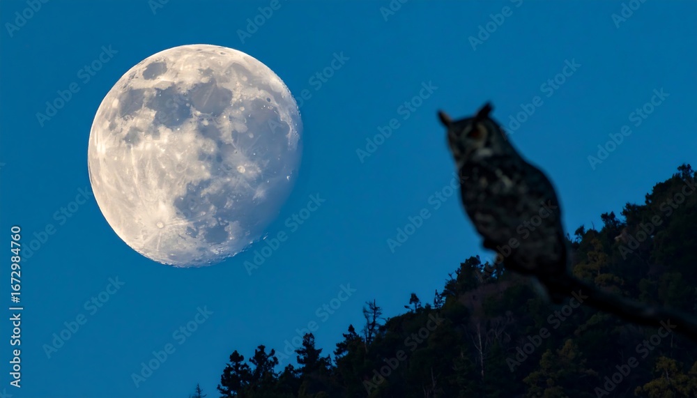 Obraz premium Serene lunar encounter: An owl observes the majestic full moon over forested hills